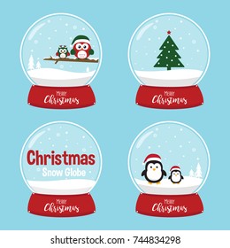 Christmas Snow globe. Cute Owls and Penguins wearing Santa Claus hat. Vector illustration for Merry Christmas and Happy New Year invitation card.