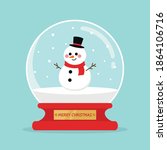 Christmas snow globe with a cute snowman in a hat and scarf, falling snow on a red stand. Merry Christmas. Flat vector illustration.