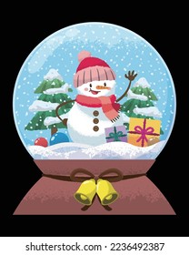 Christmas snow globe with a cute snowman in a hat and scarf is snowing on a wood stand. Merry Christmas flat vector illustration.