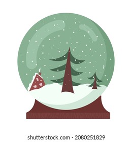 Christmas snow globe. Cute winter snowball with tree and house inside on wooden stand. Flat vector illustration isolated on white background