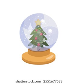 Christmas snow globe with decorated tree and star topper illustration