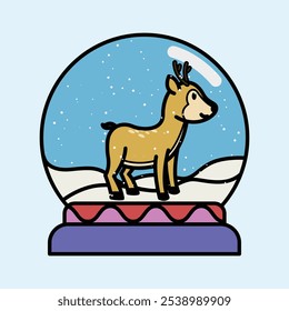 Christmas Snow Globe with Deer Inside and Falling Snowflakes Vector Illustration
