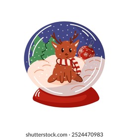 Christmas snow globe with deer, tree and ball inside in cartoon style. Holiday snowball with snowflakes for design greeting card. Isolated on a white background.