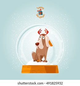 Christmas snow globe and dog. Christmas greeting card. Vector illustration