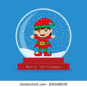 Christmas snow globe with elf inside.  Vector illustration in flat style EPS 10