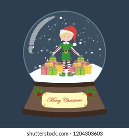 Christmas snow globe with elf on the blue background. Vector illustration
