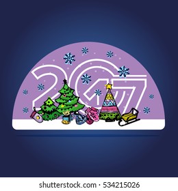 Christmas snow globe with falling snow  in 2017 form inside. Editable vector illustration.