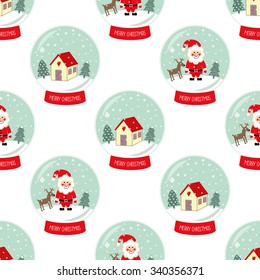Navidades Globo de nieve con la nieve que cae, casa linda, Papá Noel, árbol de Navidad y patrón inconsútil del ciervo. Fondo lindo de las Navidades alegres. Ilustración de diseño de regalo de bola de vidrio.