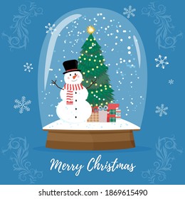 Christmas Snow globe with falling snow and christmas tree, vector illustration. Magic winter holiday glass globe. Merry Christmas crystal snowglobe, magical greeting card toy. Glossy home gift.