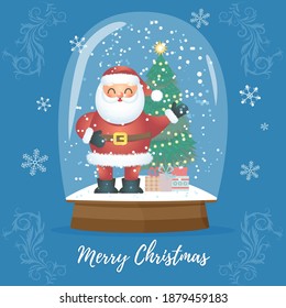 Globo de nieve de Navidad con caída de nieve y árbol de navidad, ilustración vectorial. Magnífico globo de vidrio para vacaciones de invierno. Feliz globo de nieve de cristal de Navidad, juguete mágico de tarjetas de felicitación. Un regalo de casa brillante.