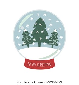 Christmas Snow globe with the falling snow and  Xmas trees illustration. Cute Merry Christmas card. Glass ball gift design on white background.