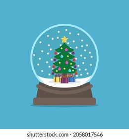 Christmas snow globe, fir tree, gifts. New Year, holiday, winter and celebration concept. Flat design. Vector illustration. EPS 8, no transparency