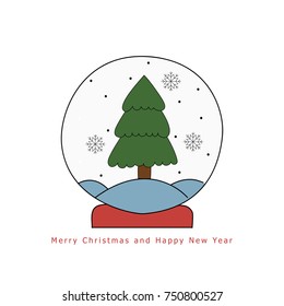 Christmas snow globe with fir tree. Hand drawn vector illustration on a white background.