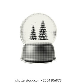 Christmas snow globe with fir trees. Sticker cut out of paper. Trendy element with halfton effect for a greeting card, collage, cover design.