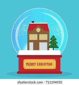 Christmas snow globe flat with brick house with a Christmas tree vector illustration with the words Merry Christmas