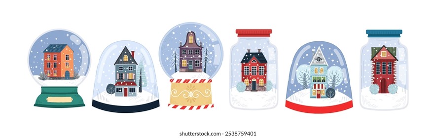 Conjunto de iconos planos de globo de nieve de Navidades. Bola de nieve de cristal con paisaje de invierno, casas y árboles. Bola de nieve de vacaciones de invierno con copos de nieve. Ilustraciones aisladas de colores