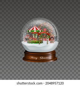 christmas snow globe with funfair. christmas luna park landscape. 