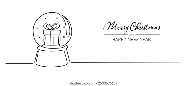 Globo de neve de Natal com caixa de presente dentro em um desenho de linha contínua. Bola de vidro mágico para inverno xmas conceito de férias em estilo linear simples. Traçado editável. Ilustração de vetor de rabiscar