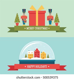 Christmas snow globe and gift box with toy soldiers flat vector banners/illustrations set