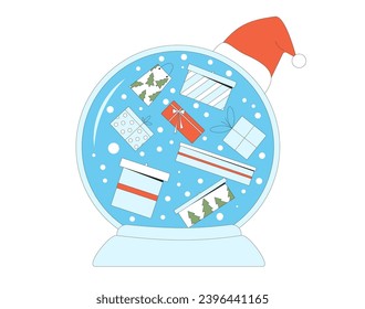 Christmas snow globe with gift boxes and Santa hat isolated on white background. Glass winter ball.