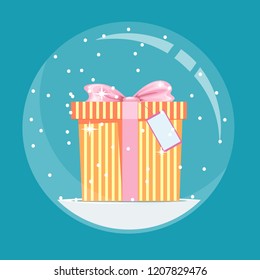 Christmas snow globe with a gift inside in flat style. New year glass ball vector icon isolated from the background.