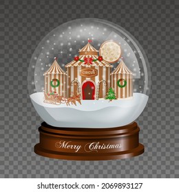christmas snow globe with gingerbread circus and santa claus seigh