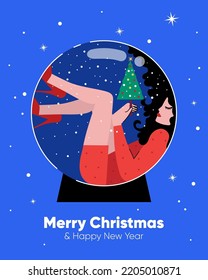 Christmas snow globe glass ball with young woman. Girl inside bauble dressed in an party dress with xmas tree. Vector illustration