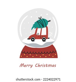 Christmas snow globe glass ball with car inside. Christmas card with christmas snow globe with car