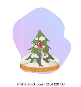 Christmas snow globe. Christmas glass snow globe with a guy and a girl skating under the Christmas tree. Vector illustration