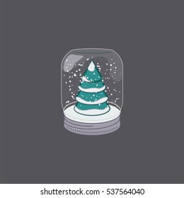 Christmas snow globe with a green Christmas tree and snowflakes