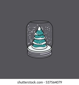 Christmas snow globe with a green Christmas tree and snowflakes Minimalistic Flat Line Color Stroke Icon Pictogram Illustration