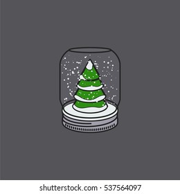 Christmas snow globe with a green Christmas tree and snowflakes