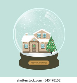 christmas snow globe and house and fir-tree