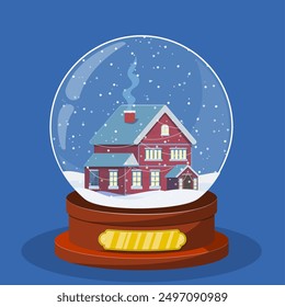 Christmas snow globe with house inside. Merry christmas holiday. New year and xmas celebration. Vector illustration in flat style