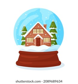 Weihnachtsschneekugel mit Haus, Weihnachtsbaum und Schnee. Das Geschenk des neuen Jahres und die festliche Stimmung. Glaskugel mit Schnee. Vektorgrafik