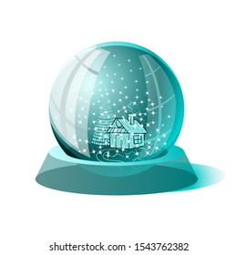 Christmas Snow Globe with Hut, Christmas Tree and Snowstorm Isolated on White Background. Bright Holiday Gift on Translucent Stand. Vector. 3D Illustration