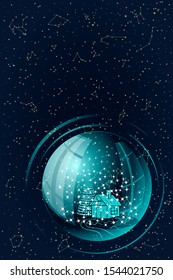 Christmas Snow Globe with Hut, Christmas Tree and Snowstorm Isolated on Night Background. Bright Holiday Gift on Sky Map of Hemisphere. Vector. 3D Illustration