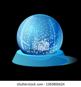 Christmas Snow Globe with Hut, Christmas Tree and Snowstorm Isolated on Black Background. Bright Holiday Gift on Translucent Stand. Vector. 3D Illustration
