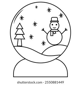 Christmas snow globe icon with snowman. Magic glass ball for winter Christmas globe icon simple linear style. Thin line . Christmas snow globe outline icon isolated on white background eps 10. 