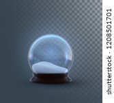 Christmas snow globe isolated on checkered transparent background. Vector 3d illustration. Holiday realistic decoration. Winter Xmas ornament. Crystal ball with falling snow. Glass sphere