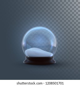 Christmas snow globe isolated on checkered transparent background. Vector 3d illustration. Holiday realistic decoration. Winter Xmas ornament. Crystal ball with falling snow. Glass sphere