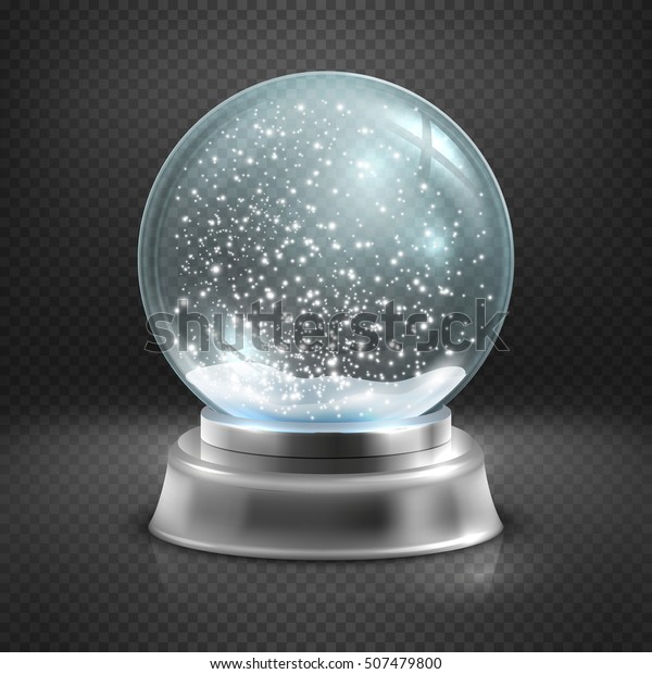 Christmas snow globe isolated on transparent\
checkered background vector illustration. Winter in glass ball,\
crystal dome with\
snowflake