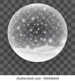 Christmas snow globe isolated vector illustration. Winter in glass ball, crystal dome with snowflake. Magic christmas crystal ball of glass.