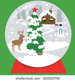 A Christmas snow globe with a log house, smoke in the chimney, a happy snowman, a deer, a bunny, a Christmas tree with a red star and snow on a red base and all on a green background. Vector concept.