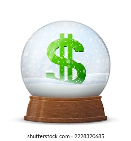 Christmas snow globe with money symbol on wooden stand. Glass snow dome with dollar sign inside