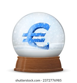 Christmas snow globe with money symbol on wooden stand. Glass snow dome with euro sign inside