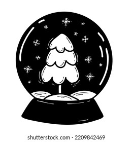 Christmas snow globe with New Year tree. Vector hand drawing in doodle style. For holiday decor, design, decoration and printing 