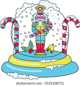 Christmas snow globe with a Nut Cracker, with candy canes and snow