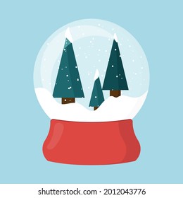 Christmas snow globe on a red stand. A ball with the snow. Snow globe with Christmas trees .Vector illustration. Flat style. Snow globe for cards, invitations, logos, posters.