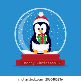 Nieve de Navidad en globo con un pingüino dentro. Ilustración de vectores en forma plana EPS 10